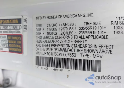 2021 Acura Rdx Technology Package from USA, damaged, VIN 5J8TC1H56ML007650